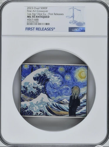 NGC MS70 2023 Chad Starry Night Hokusai Wave Fine Art Crossover Silver coin 1Oz+
