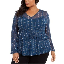Style & Co Womens Plus 3X Blue Medallion Kale Sheer Layered Blouse Top NWT L40