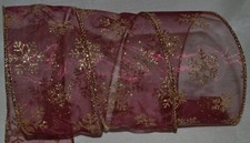 Wired Ribbon Sheer Burgundy Sparkle Gold Snowflake Holiday 2.5" Christmas Bow