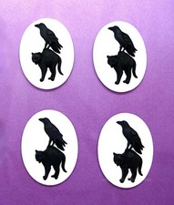 4 new RAVEN CROW & BLACK CAT on White 40mm x 30mm CAMEOS Goth Emo Halloween Punk