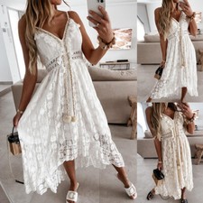 Women Summer Boho Lace V Neck Long Maxi Dress Ladies Casual Holiday Sundress