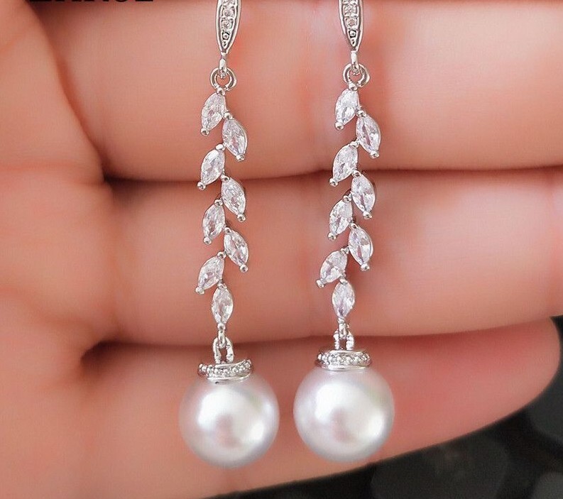 Acrylic Pearl Drop Earrings - Zirconia Crystal Leaf Earring Long Wedding Jewelry