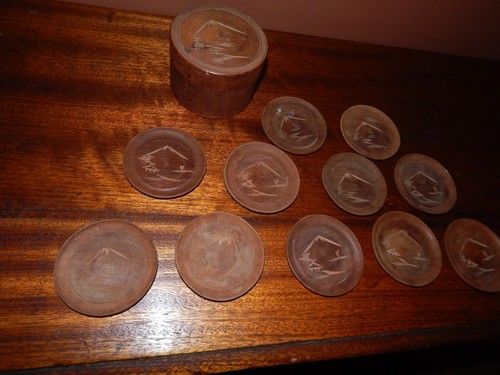 Japanese Coasters, Mt Fuji Carving, WWII Time Period, 1940's Antique 12 pieces