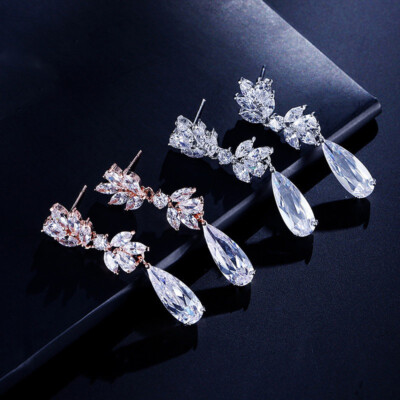 Women Drop Stud Earring Platinum Plated Cubic Zirconia Earrings