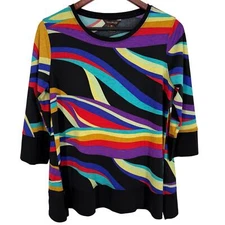 Multiples Sz Petite Medium PM Black Multicolor Wearable Art to Wear Shirt Top