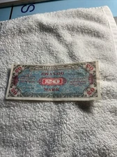 1944 WWII Germany Allied Occupation Military Currency 20 Mark Banknote Fine