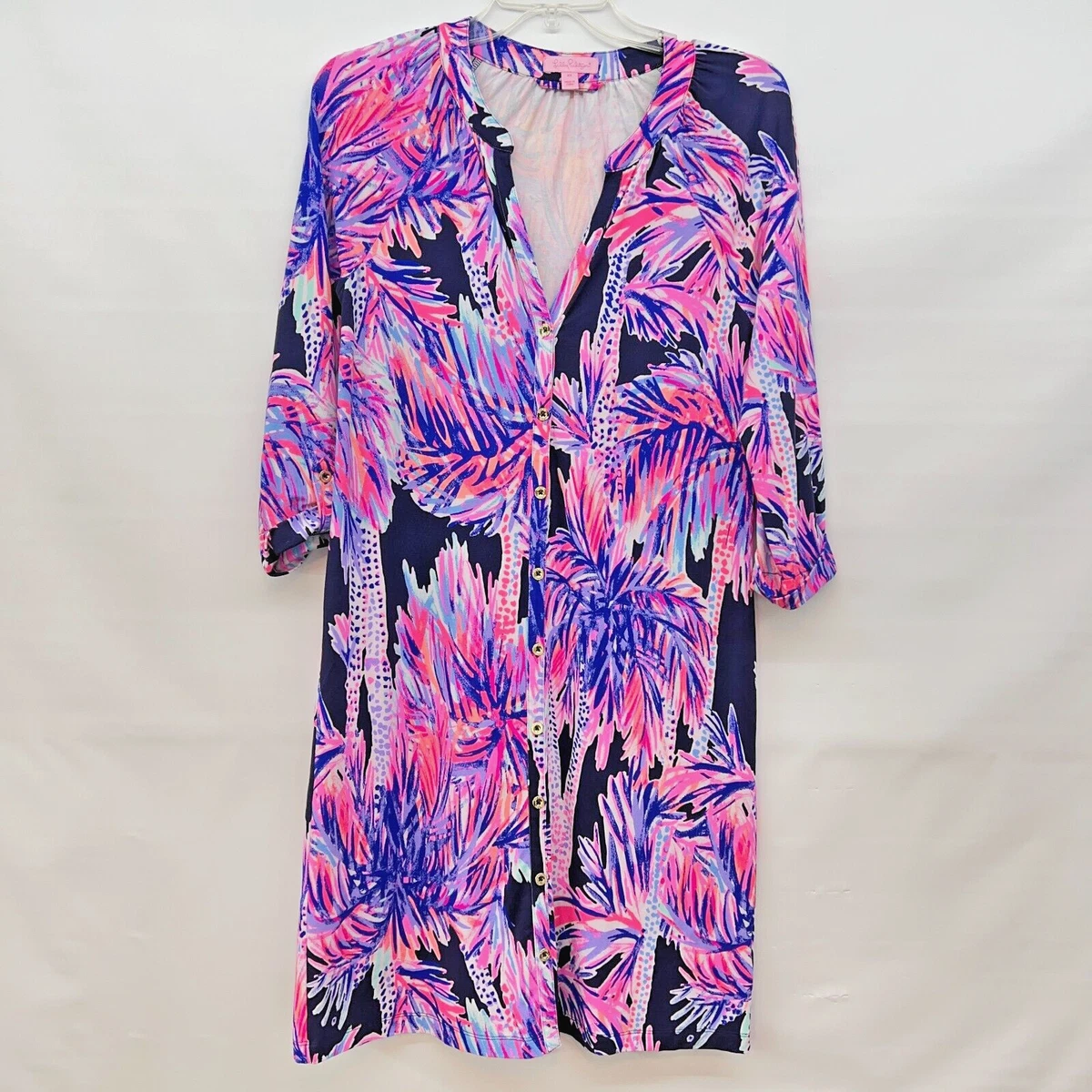 Lilly Pulitzer Bailor Bright Navy Palms Up Jersey Belted Shirt