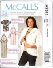 McCall's M7511 Misses L to XXL Hooded Fleece Jackets Uncut Sewing Pattern