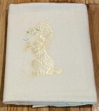 VTG Quiltex Pale Yellow Satin Trimmed Baby Blanket Puppy Daisy MADE IN USA EUC