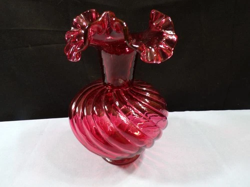 Fenton Cranberry Glass Vase w/ Spiral Design 6" Tall