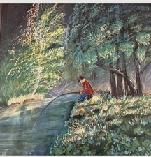 Acrylic Paint Canvas, nature, rustic, fishing, Impressionistic realism, Cabin