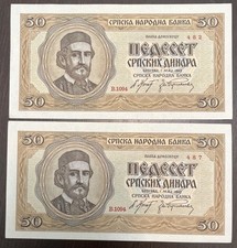 Serbia 1942 50 Dinara CRISP UNC German Occupation WWII 2 Banknotes