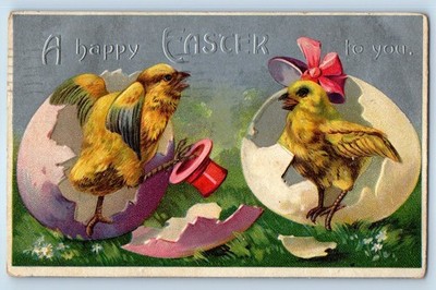 1909 Easter Hatched Egg Chicks With Hat Embossed Covington Ohio OH Postcard
