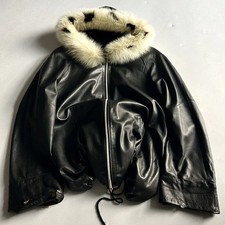Leather Jacket Black Fur Hood Zip Cropped Y2K Glam Winter Vintage