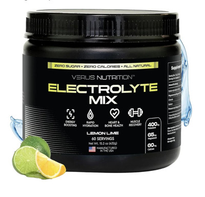 VERUS Electrolytes Powder Lemon Lime Hydrate No Sugar No Calorie 15.2oz EXP2026 