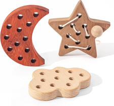 Wooden Lacing Toys for Toddlers 1-3 Solid Wood Threading Toys, Moon/Stars/Cloud