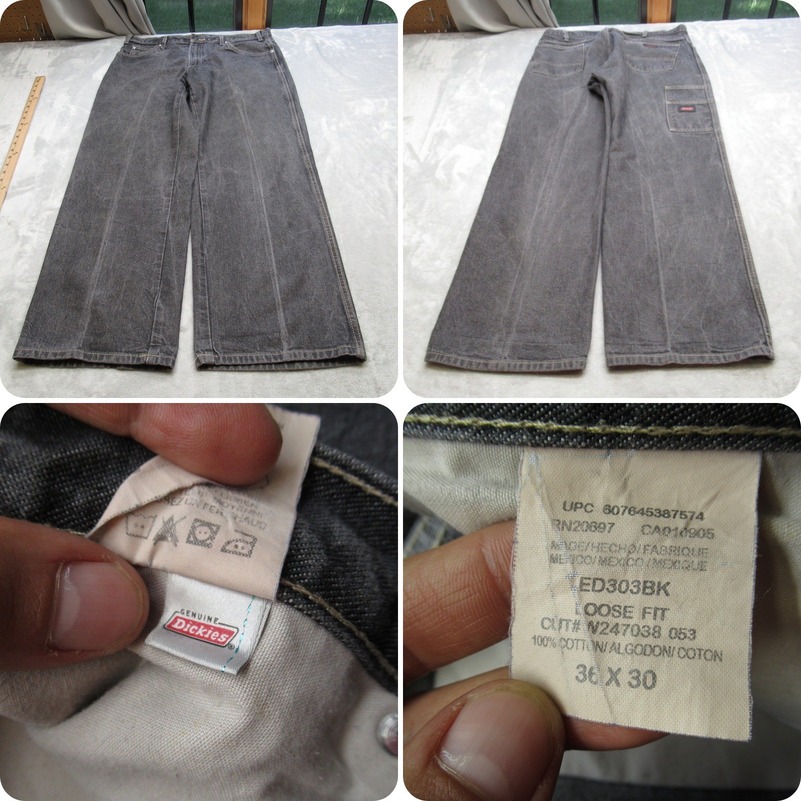 Mens 36x30 Gray Denim Loose Fit Skater Straight 90s