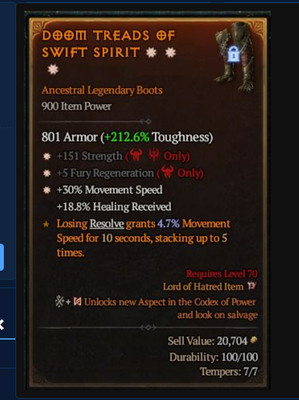    DIABLO 4 SEASON 13 LEGENDARY BOOT 3GA-STR+FURY REGEN+MOVE SPEED