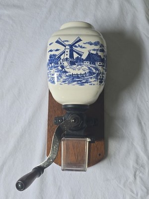 Vintage HT Armin Trosser Wall Coffee Grinder Ceramic Delft Blue Windmill German
