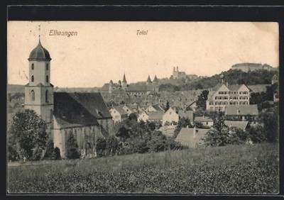Ansichtskarte Ellwangen, Totalansicht mit Kirche 1913 