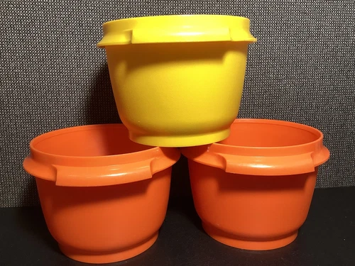 Lot of (3) Tupperware SERVALIER CONTAINERS # 386, Orange, Yellow