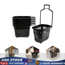 6pcs 35L Retail Cart Wheels W/ Handle Rolling Shopping Basket Trolley Black