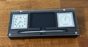BULOVA Desk Clock Thermometer And Card Holder + PEN Tempered Glass Cover Vtg