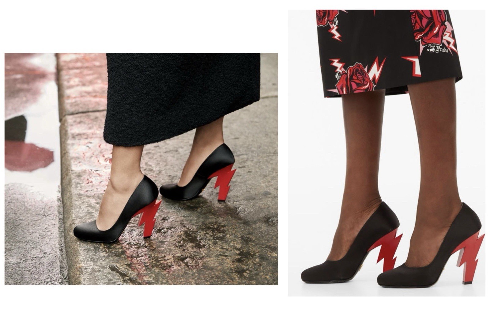 Prada Lighting Bolt Black Satin Pumps W Red Lighting-bolt Heel Size Eu 37