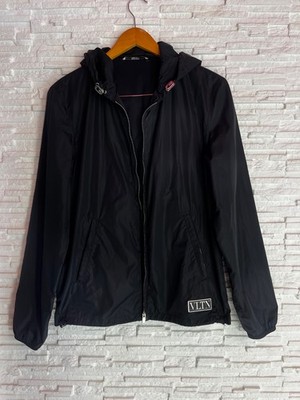 Valentino Black Nylon Windbreaker Jacket Hooded Logo Patch Size US
