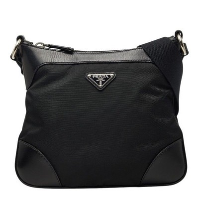 PRADA Tessuto Triangle Logo Nylon Leather Shoulder Bag BT0516 Black Authentic