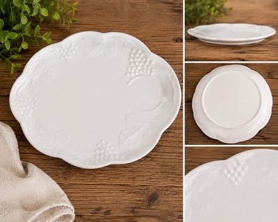 Large White Ceramic Round Platter Plate, Embossed Floral, Glossy Finish