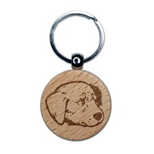 Concerned Golden Retriever Dog Furled Brow Engraved Wood Round Keychain