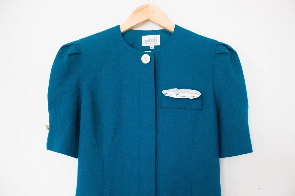 Leslie Fay Petite Collections | Vestido Vintage Anos 80 Manga Curta Azul-petróleo | Tamanho 4P - Imagem 3 de 4