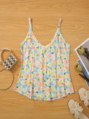 Floral Print Spaghetti Top, Casual Backless V-neck Cami Top For Summer Size XL - Picture 2 of 6