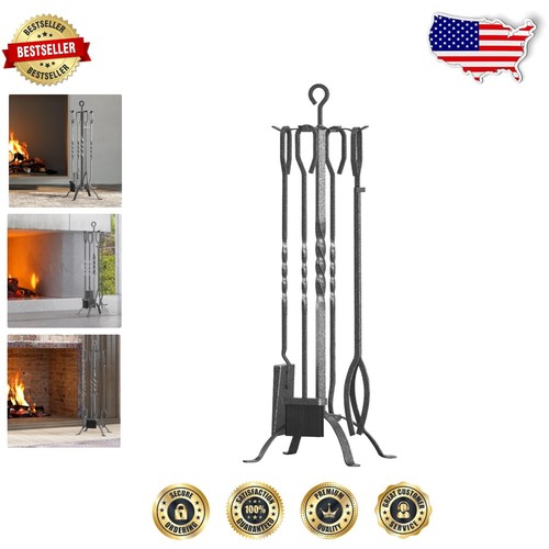 5-Piece Modern Fireplace Accessories Set with Easy-Grip Handles - Pewter Finish