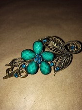 Turquoise Rhinestone Floral Metal Hair Clip Elegant Well-Made Vintage Inspired