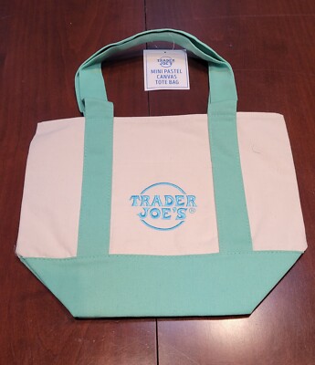 Trader Joe's RARE Embroidered GREEN PASTEL MINI CANVAS TOTE BAG (1 bag)