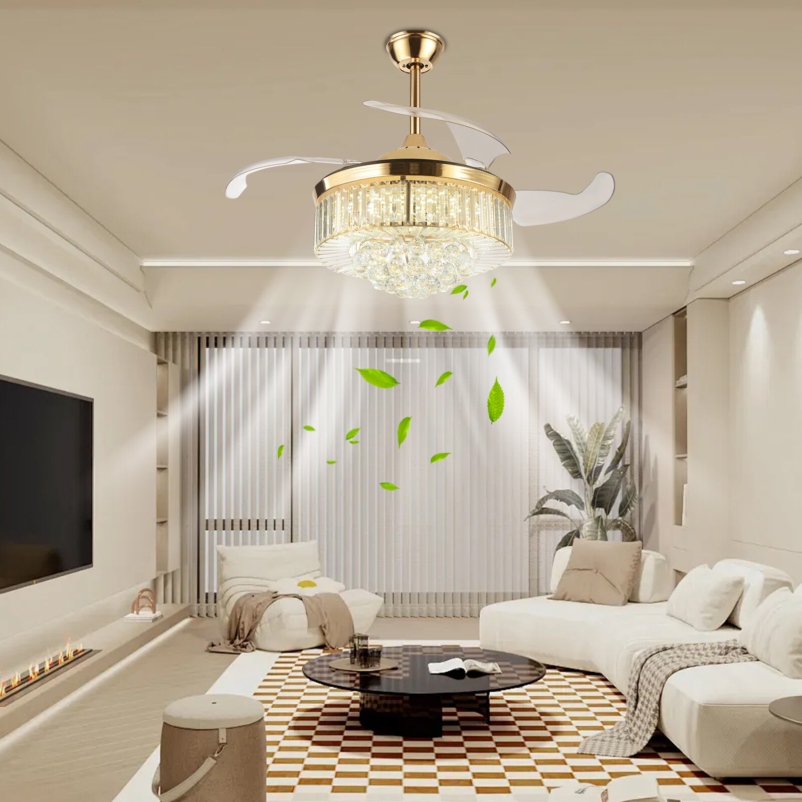 3-Color Crystal Chandelier, Ceiling Fan Light, Ceiling Fan Light with Remote