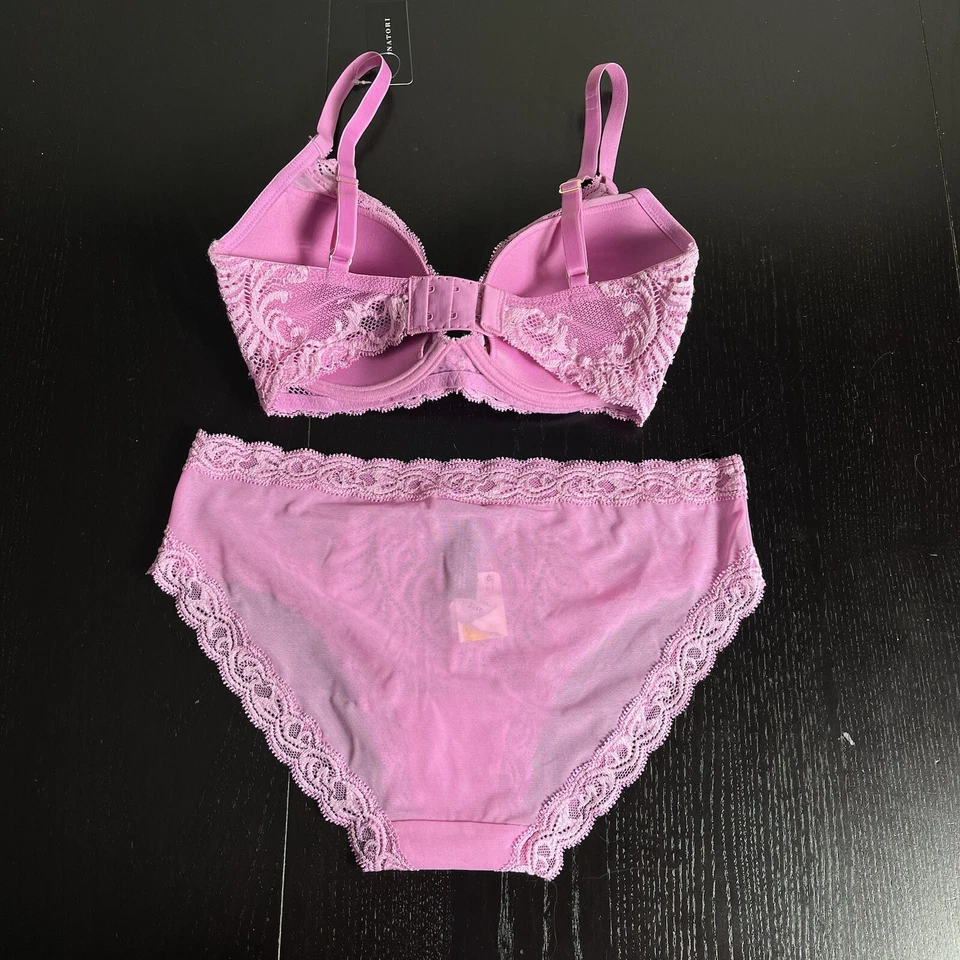 NUEVO CON ETIQUETAS CONJUNTO BRAGAS NATORI plumas con aros talla 32D y M cuarzo violeta 730023 Foto 4 de 4