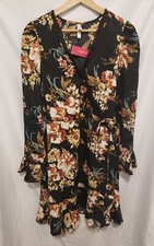 XHILARATION Faux Wrap Dress Small Black Floral Pattern Flare Sleeve V-Neck