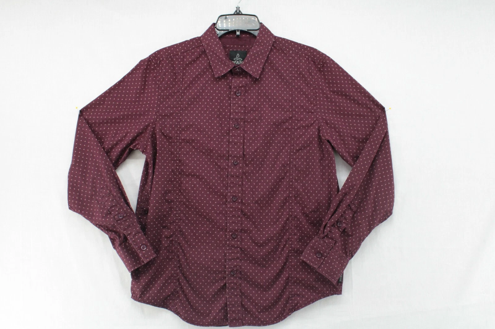 Prana Shirt Men's Small Burgandy Slim Button Up Long Sleeve Flip Cuff Geometric