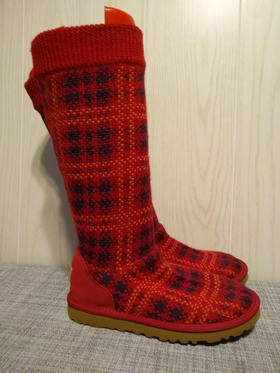 UGG Boots Women Sz 5 Carly Red Plaid Knit w Red Suede Sheepskin