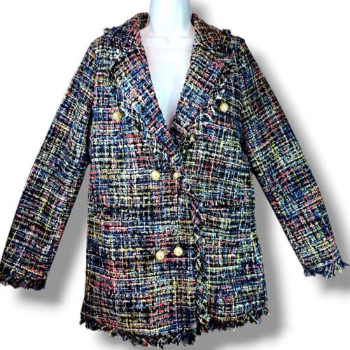 Fresh Twist Tweed Blazer Pearl Button Coat Size Small Multicolor Glitter Jacket