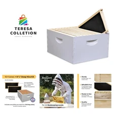 10-Frame Deep Hive Kit, Fully Assembled 9⅝" Bee Hive Body with 10 Frames & Be...