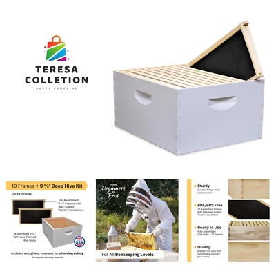 10-Frame Deep Hive Kit, Fully Assembled 9 '' Bee Hive Body with 10 Frames & Be...