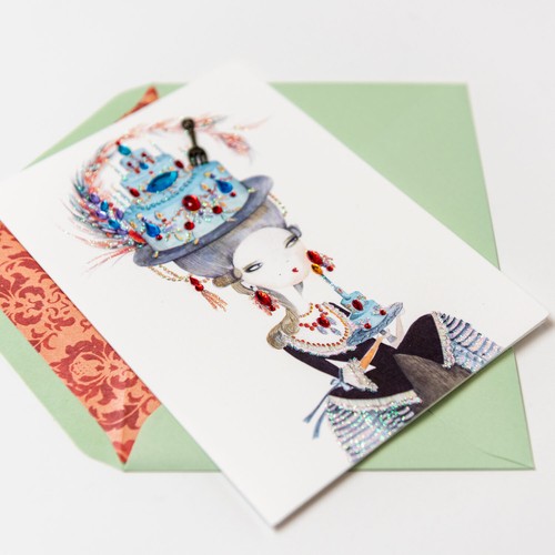 Tarjeta de feliz cumpleaños de papiro artesanal de corte francesa dama pastel brillo joya - Imagen 2 de 3