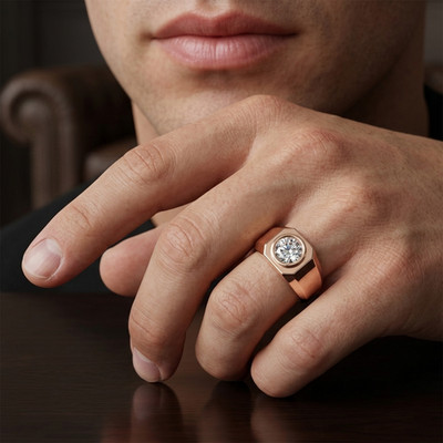 Luxury Mens Ring 14k Rose Gold Lab Grown Diamond 1 Carat E F VVS2 Round Cut