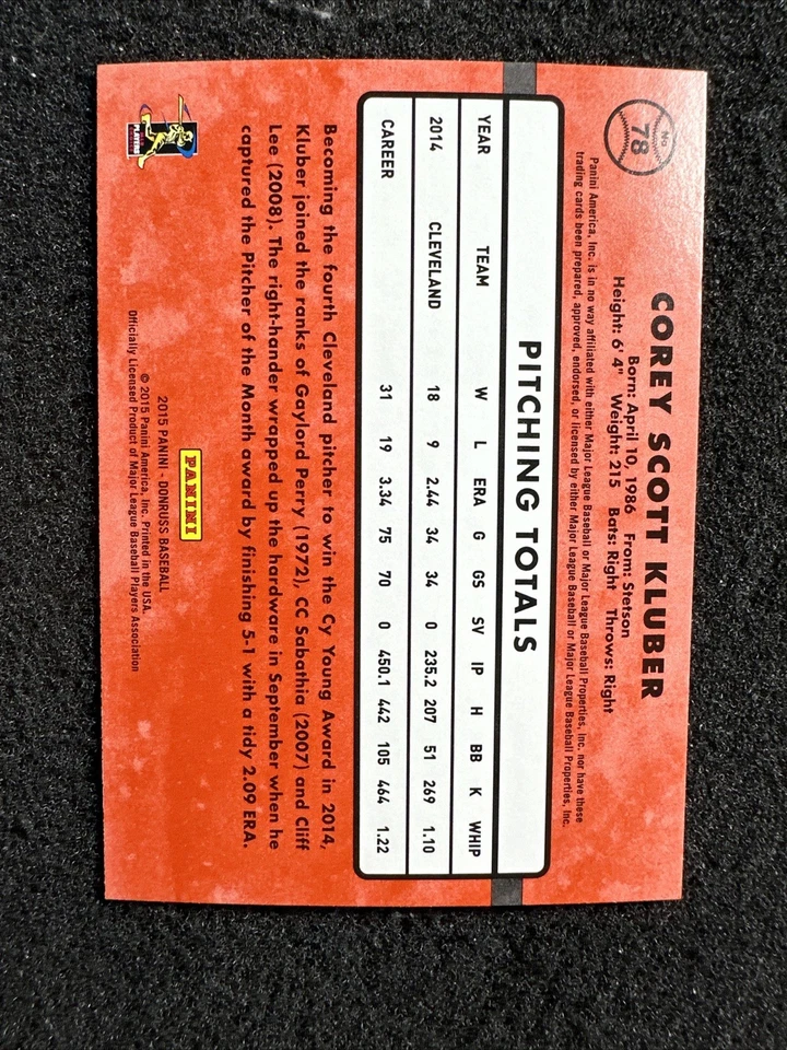 COREY KLUBER #78 2015 Donruss Baseball QTY Cleveland Indians - Image 2 of 2