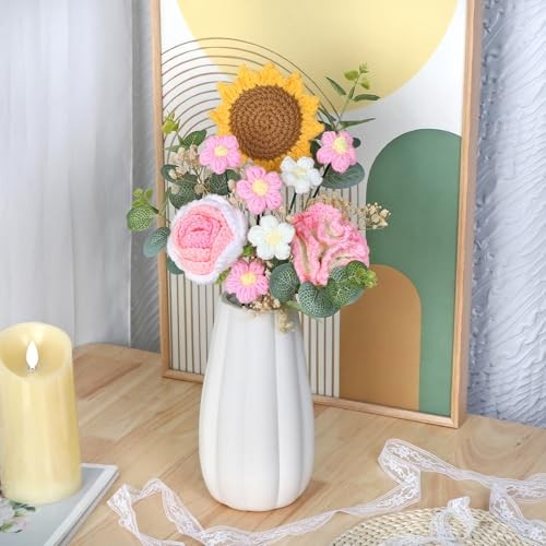 MEIVINES Handmade Crochet Flowers Bouquet,knitted Sunflower-Pink