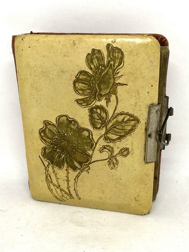 Antique Victorian Era Celluloid & Red Velvet Photo Album w/ Working Clasp Floral